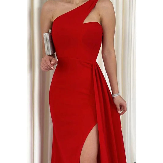 NumberSea - Chic & Modern One Shoulder Red Split Long Prom Dress