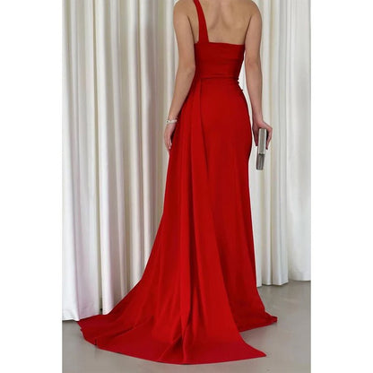 NumberSea - Chic & Modern One Shoulder Red Split Long Prom Dress