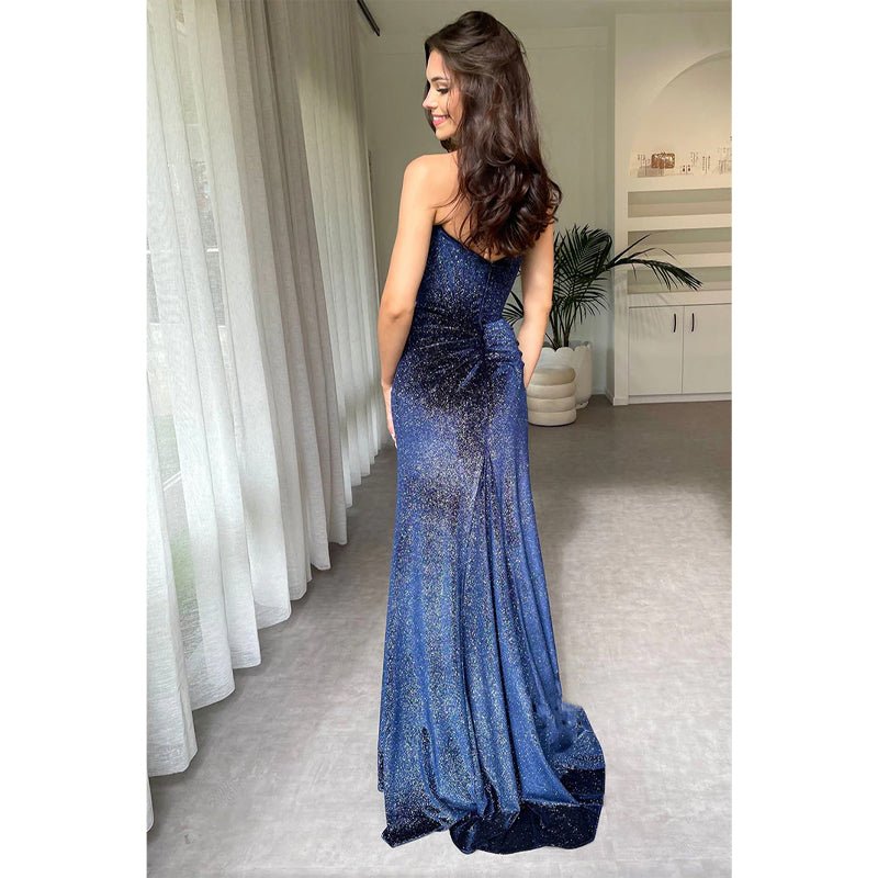 NumberSea - Chic & Modern Royal Blue Strapless Pleats Glitter Long Prom Evening Dresses