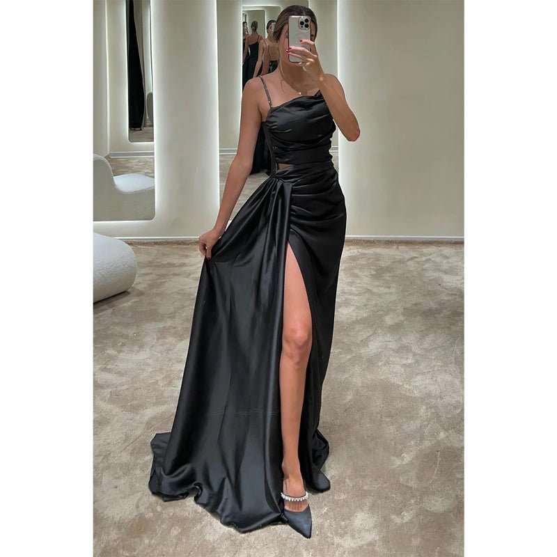 NumberSea - Chic & Modern Satin Pleats Spaghetti Straps Slit Simple Long Prom Dress