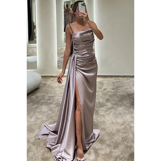 NumberSea - Chic & Modern Satin Pleats Spaghetti Straps Slit Simple Long Prom Dress