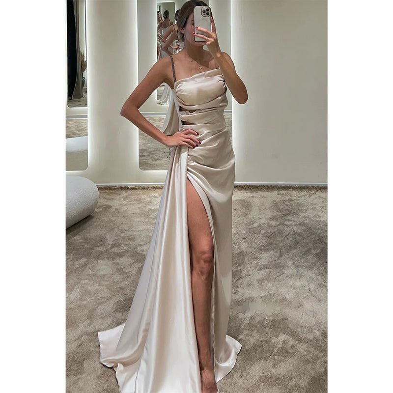 NumberSea - Chic & Modern Satin Pleats Spaghetti Straps Slit Simple Long Prom Dress