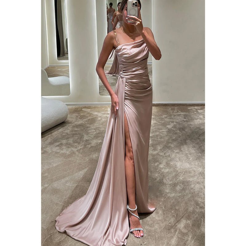 NumberSea - Chic & Modern Satin Straps Pleats Long Prom Dress Evening Dress with Slit