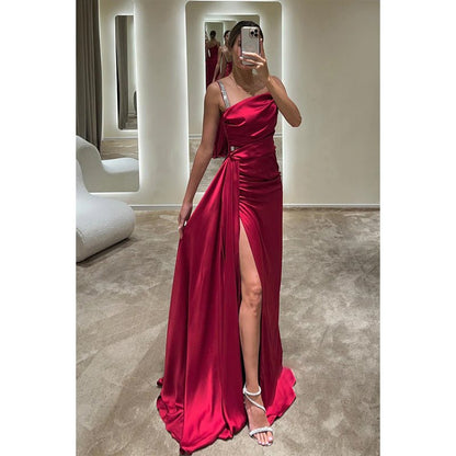 NumberSea - Chic & Modern Satin Straps Pleats Long Prom Dress Evening Dress with Slit