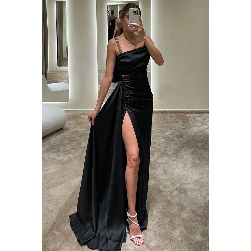 NumberSea - Chic & Modern Satin Straps Pleats Long Prom Dress Evening Dress with Slit