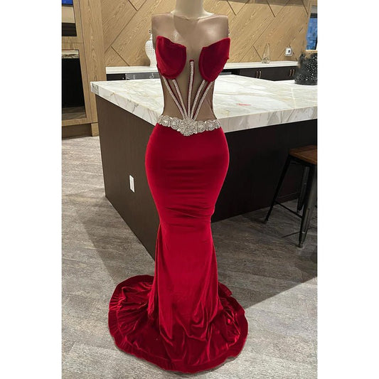 NumberSea - Chic & Modern Sexy Off - Shoudler Sleeveless Mermaid Evening Party Prom Dress With Rhinestones