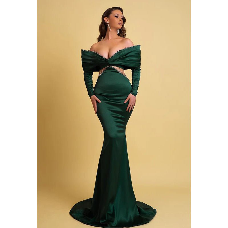 NumberSea - Chic & Modern Sheath Off Shoulder Draped and Beaded Party Gown Prom Dress with Cut - outs