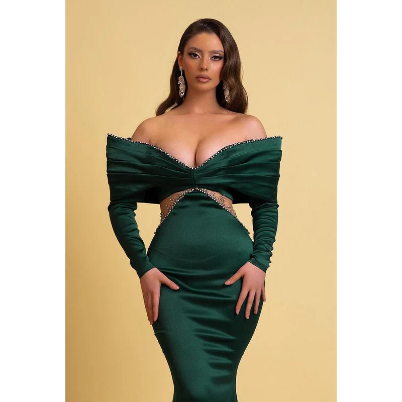 NumberSea - Chic & Modern Sheath Off Shoulder Draped and Beaded Party Gown Prom Dress with Cut - outs