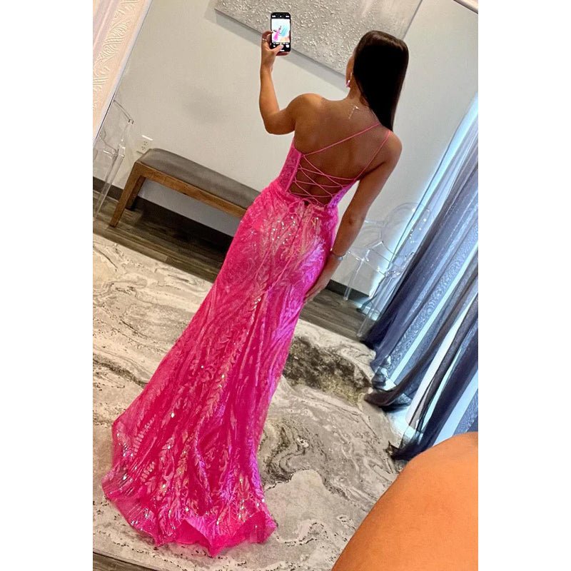 NumberSea - Chic & Modern Spaghetti Straps Sparkly Backless Sheath Slit Sequins Evening Party Prom Dress