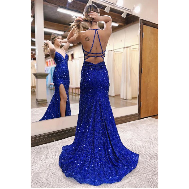 NumberSea - Chic & Modern Spaghetti Straps V - Neck Backless Mermaid Side Slit Sequins Evening Party Prom