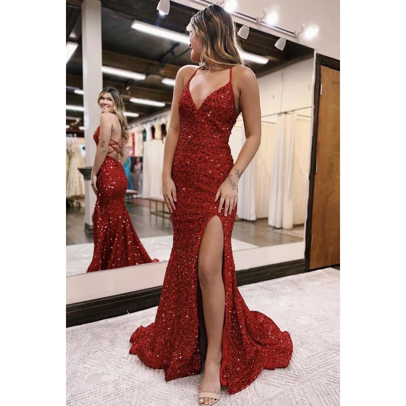 NumberSea - Chic & Modern Spaghetti Straps V - Neck Backless Mermaid Side Slit Sequins Evening Party Prom