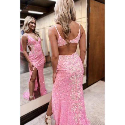 NumberSea - Chic & Modern Spaghetti Straps V - neck Backless Slit Sheath Sequins Prom Dress