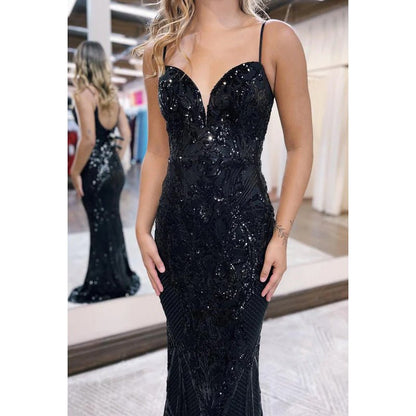 NumberSea - Chic & Modern Spaghetti Straps V - Neck Trumper Sparkly Evening Party Prom Dress