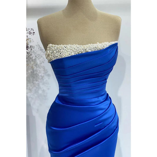 NumberSea - Chic & Modern Strapless Beaded Blue Long Prom Dress Evening Gown