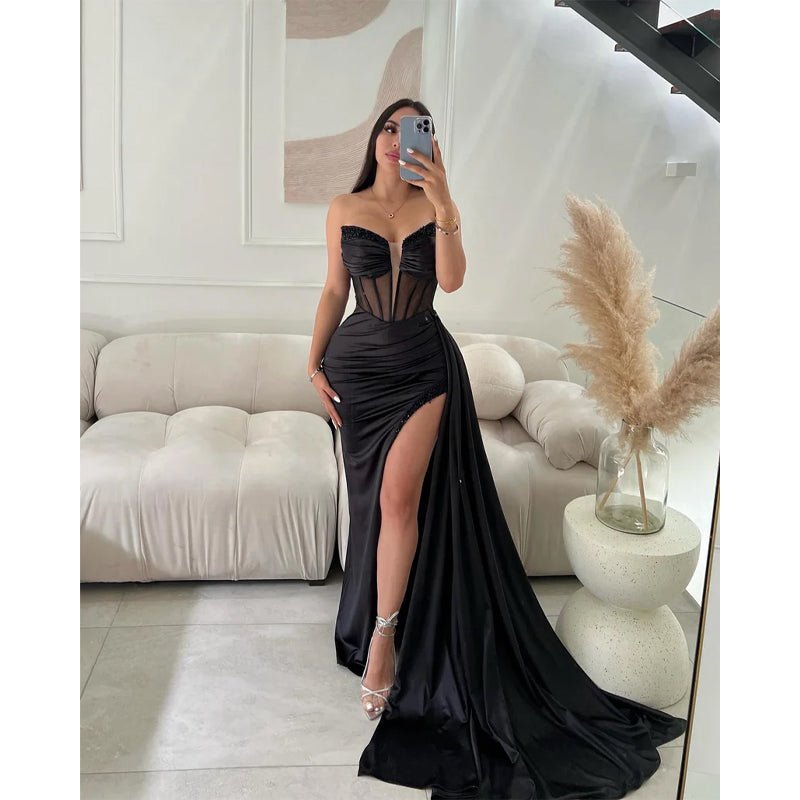 NumberSea - Chic & Modern Strapless Beaded Pleats Long Prom Dress Evening Gown