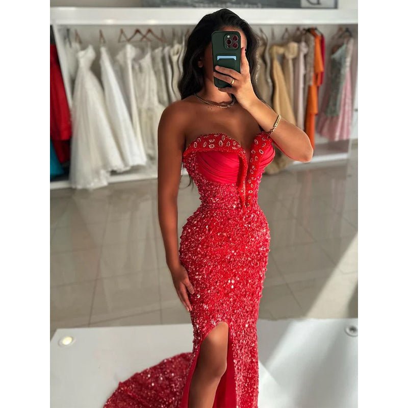 NumberSea - Chic & Modern Strapless Beaded Red Long Formal Dress Floor Length