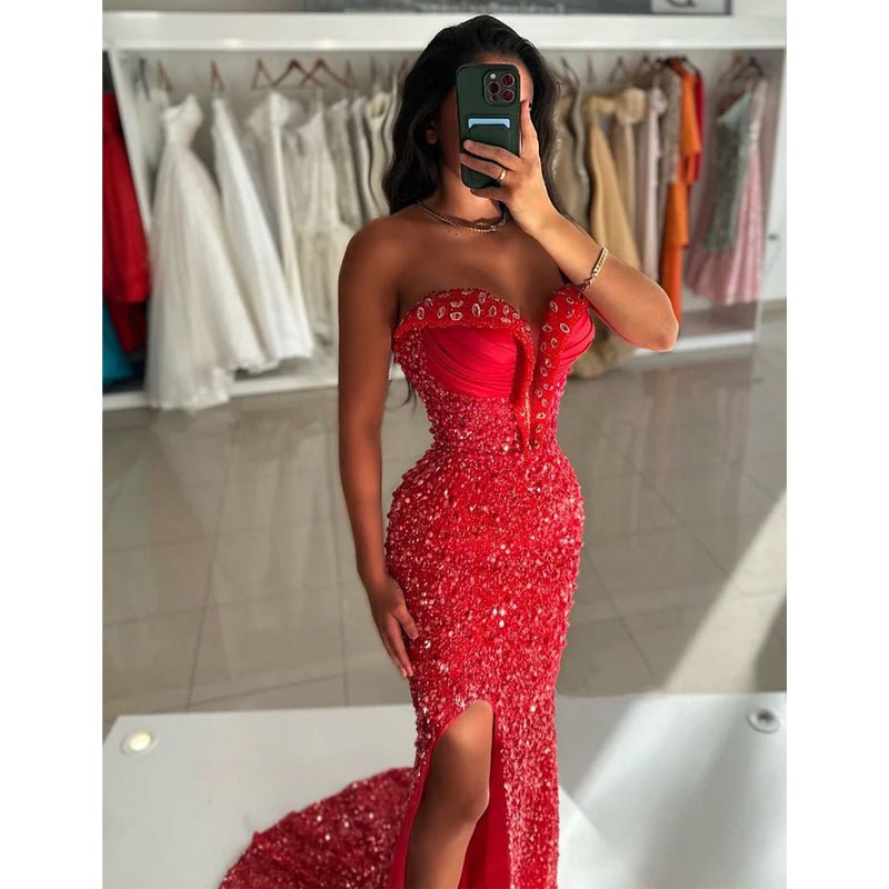 NumberSea - Chic & Modern Strapless Beaded Red Long Formal Dress Floor Length