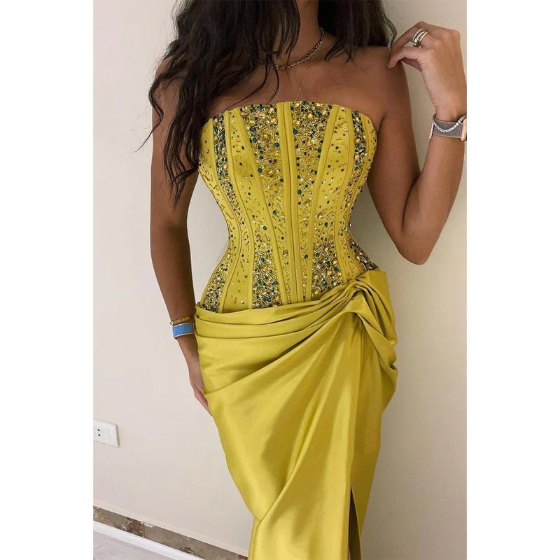 NumberSea - Chic & Modern Strapless Beaded Yellow Pleats Long Prom Evening Dress