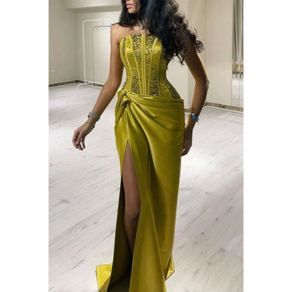 NumberSea - Chic & Modern Strapless Beaded Yellow Pleats Long Prom Evening Dress