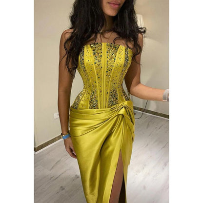 NumberSea - Chic & Modern Strapless Beaded Yellow Pleats Long Prom Evening Dress