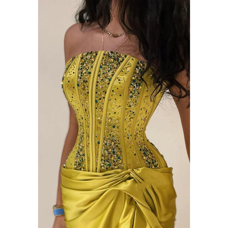 NumberSea - Chic & Modern Strapless Beaded Yellow Pleats Long Prom Evening Dress