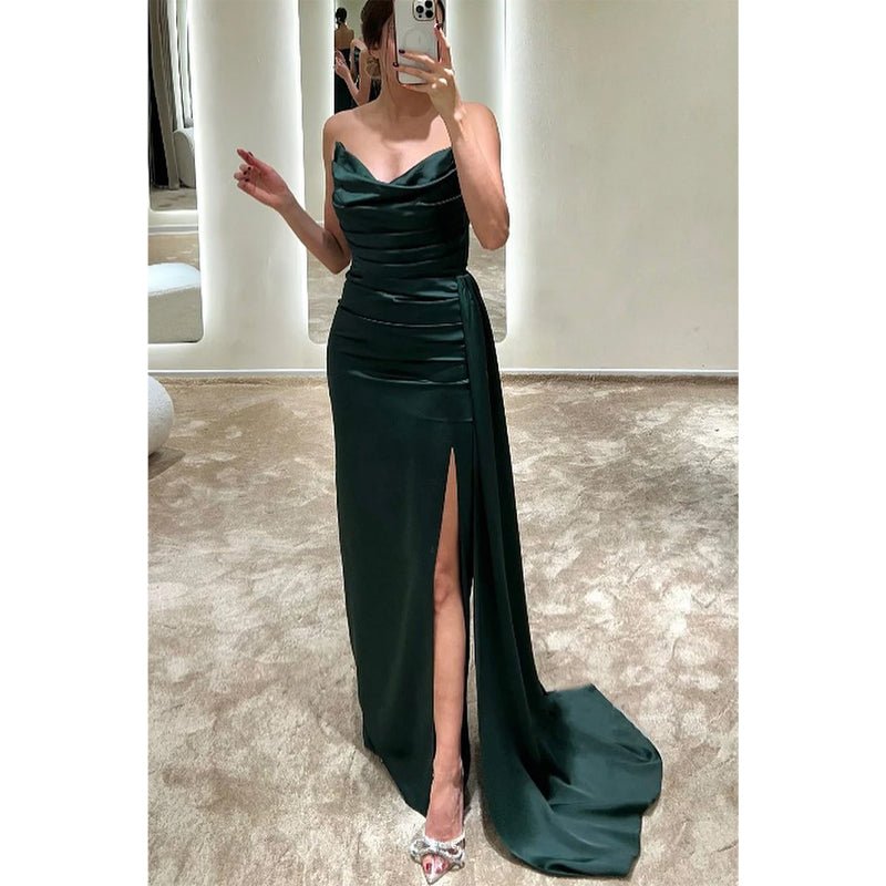 NumberSea - Chic & Modern Strapless Simple Pleats Slit Long Formal Evening Dresses