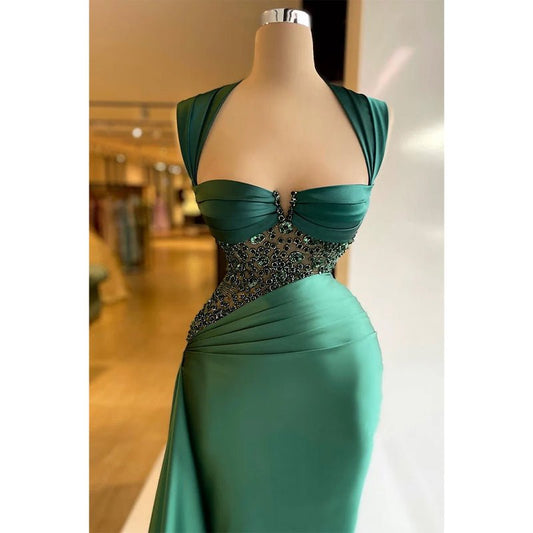 NumberSea - Chic & Modern Straps Green Beaded Pleats Prom Dress Evening Gown