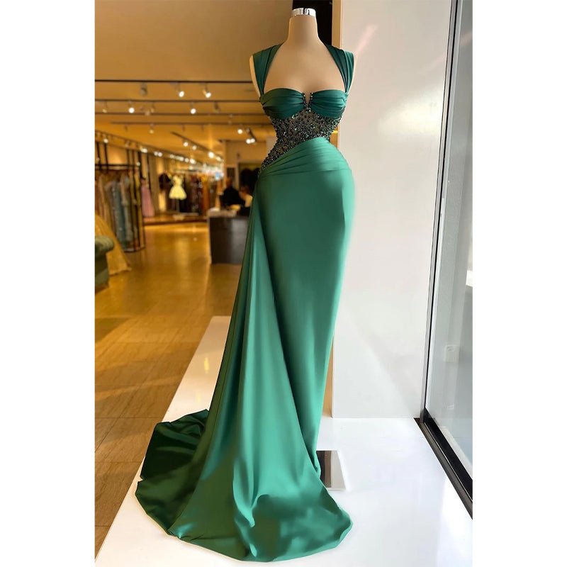 NumberSea - Chic & Modern Straps Green Beaded Pleats Prom Dress Evening Gown