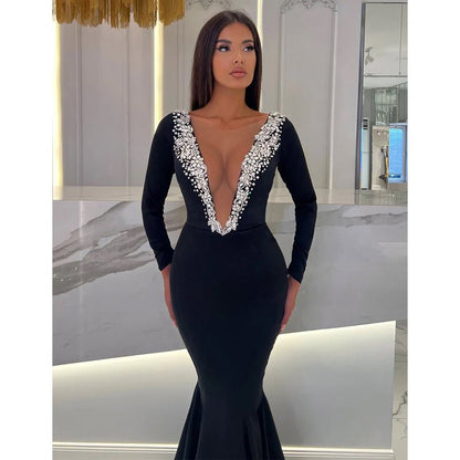 NumberSea - Chic & Modern V - neck Beaded Black Long Long Sleeves Evening Prom Dress