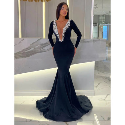 NumberSea - Chic & Modern V - neck Beaded Black Long Long Sleeves Evening Prom Dress