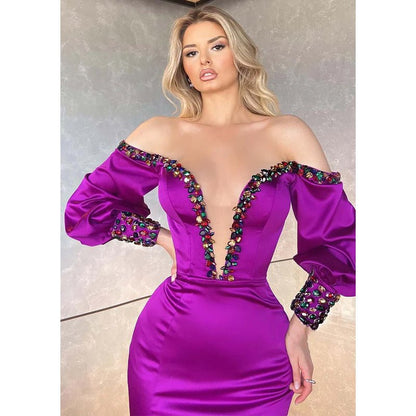 NumberSea - Chic & Modern V - neck Beaded Long Sleeeves Purple Prom Dress with Slit