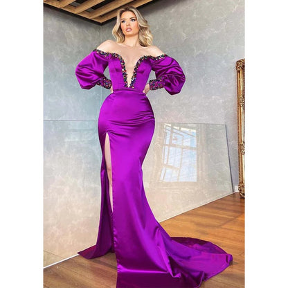 NumberSea - Chic & Modern V - neck Beaded Long Sleeeves Purple Prom Dress with Slit