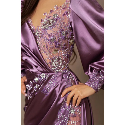 NumberSea - Chic & Modern V - neck Bedaed Long Sleeves Split Prom Dress Evening Gowns