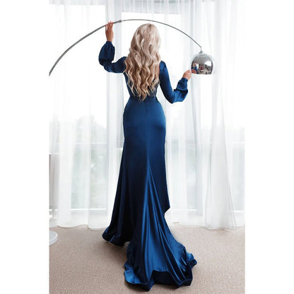 NumberSea - Chic & Modern V - neck Long Sleeves Pleats High Split Prom Dress with Train