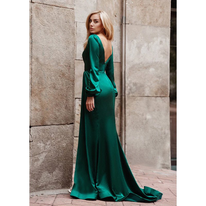 NumberSea - Chic & Modern V - neck Long Sleeves Pleats High Split Prom Dress with Train