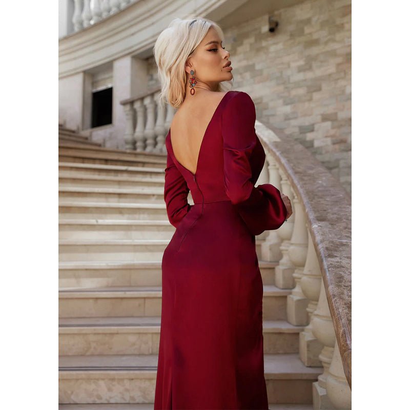 NumberSea - Chic & Modern V - neck Long Sleeves Pleats High Split Prom Dress with Train