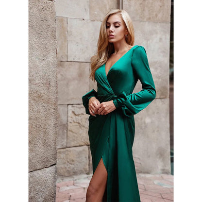 NumberSea - Chic & Modern V - neck Long Sleeves Pleats High Split Prom Dress with Train