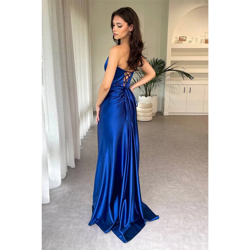 NumberSea - Chic & Modern V - neck Satin Pleats Long Gown Prom Dress