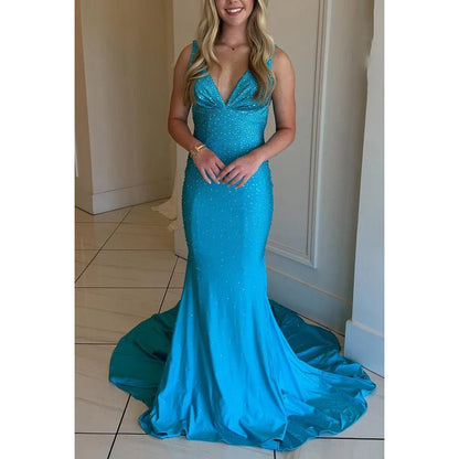 NumberSea - Chic & Modern V - Neck Sleeveless Mermaid Fully Beaded Evening Party Prom Dress