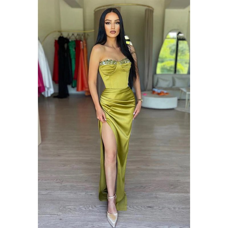 NumberSea - Chic Morden Off - Shoulder Sleeveless Ruched Slit Sheath Prom Dress with Slit