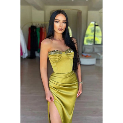 NumberSea - Chic Morden Off - Shoulder Sleeveless Ruched Slit Sheath Prom Dress with Slit