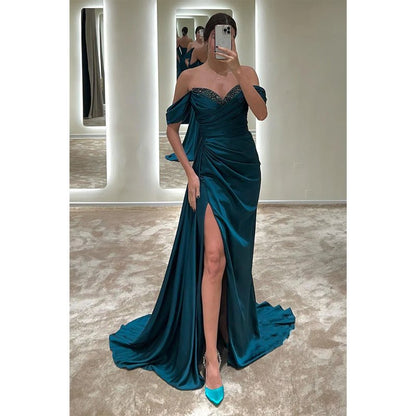 NumberSea - Chic Off - shoulder Beaded Pleats High Split Long Formal Evening Dress