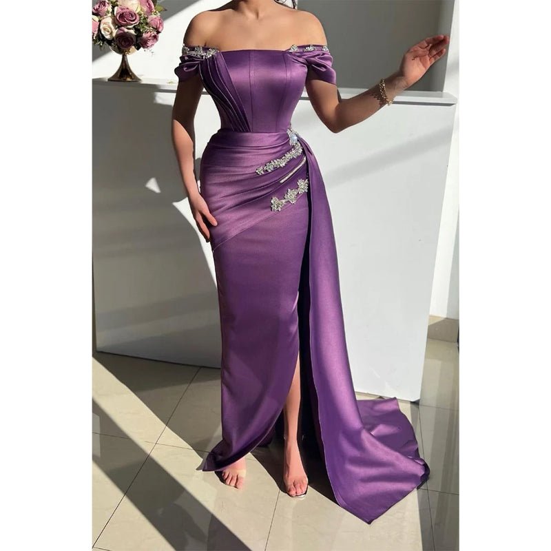 NumberSea - Chic Off Shoulder Satin Beads Mermaid Formal Evening Gowns with Slit