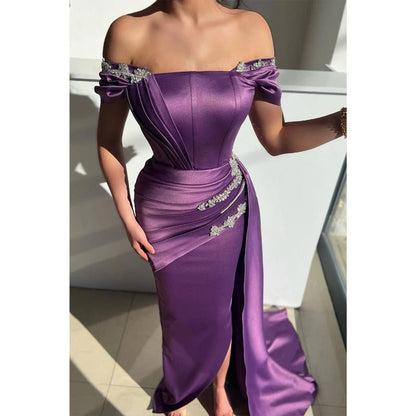 NumberSea - Chic Off Shoulder Satin Beads Mermaid Formal Evening Gowns with Slit