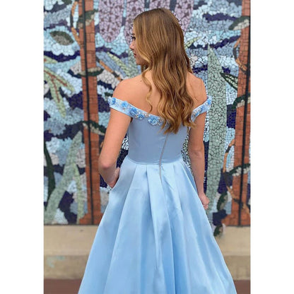 NumberSea - Chic Off - the - shoulder A - line Sky Blue Satin 3d Appliques Long Prom Dress