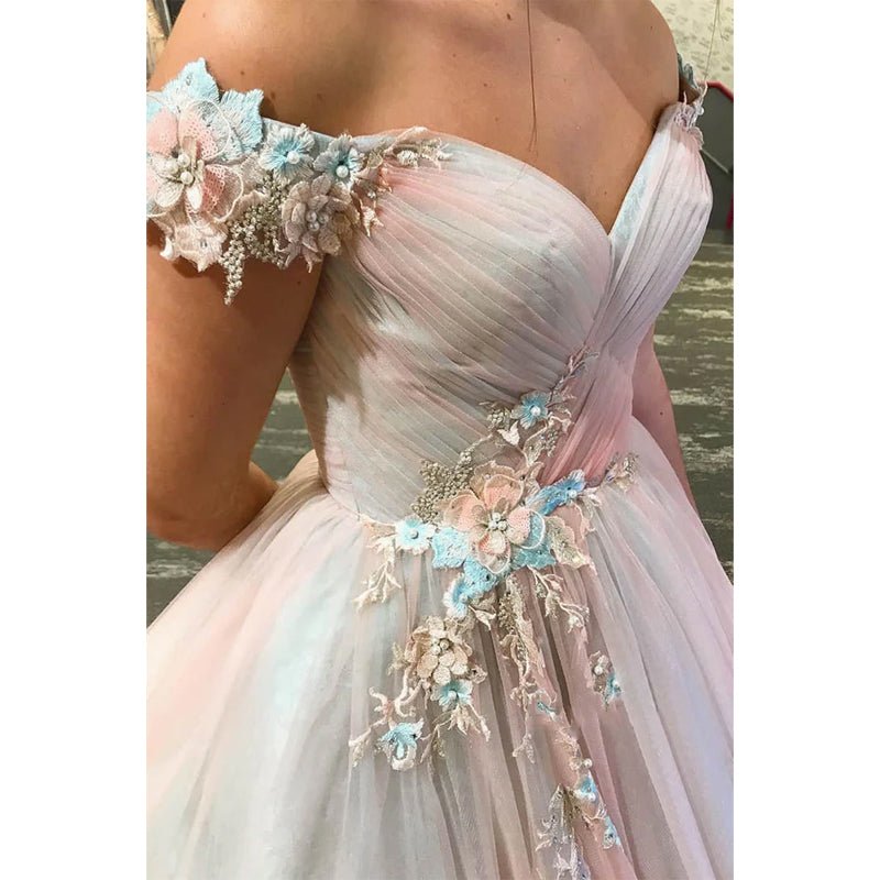 NumberSea - Chic Off - the - shoulder A - line Tulle Appliques Long Prom Dress Formal Evening Gowns