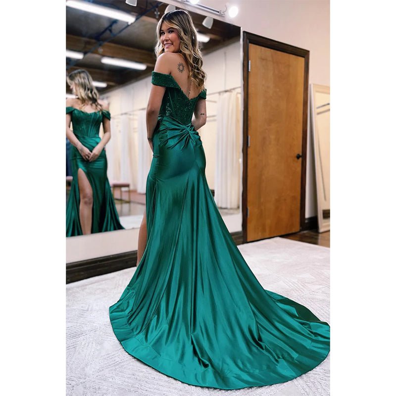 NumberSea - Chic Off The Shoulder Lace Appliques Mermaid Long Prom Dress with Slit