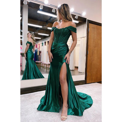 NumberSea - Chic Off The Shoulder Lace Appliques Mermaid Long Prom Dress with Slit