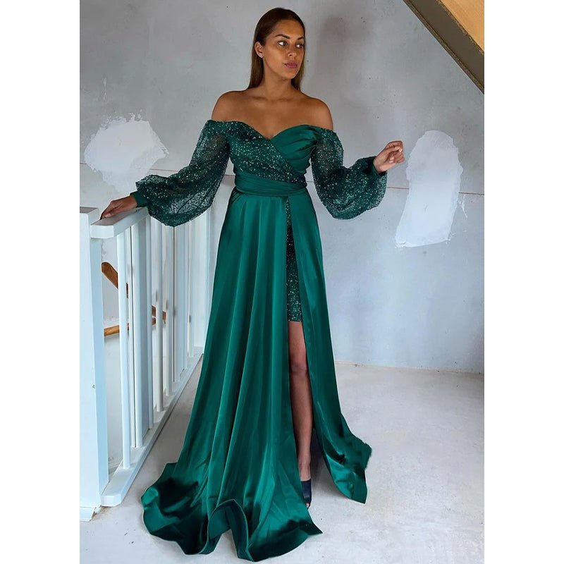 NumberSea - Chic Off The Shoulder Sequins Long Sleeves High Split Long Formal Evening Dress