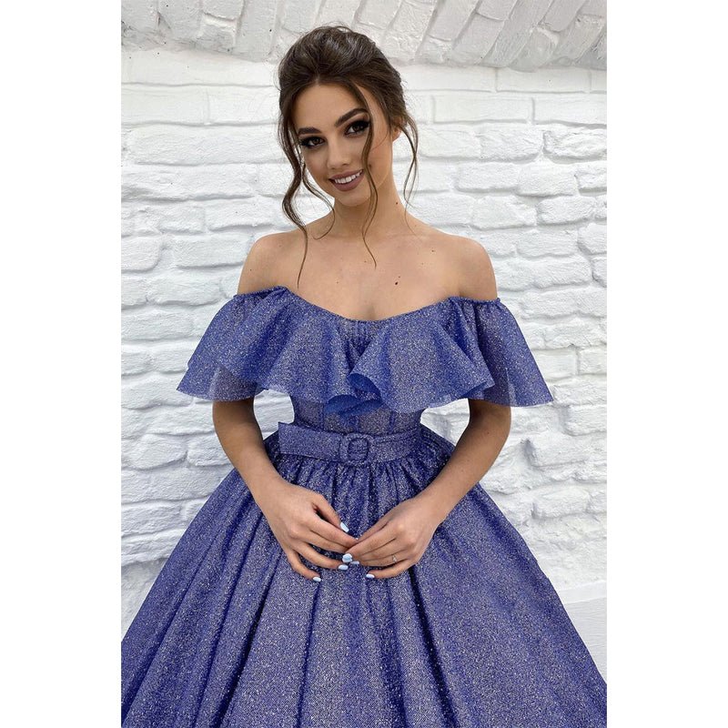 NumberSea - Chic Off The Shoulder Sparkly Prom Ball Gown with Belt